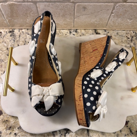 Sperry Polka Dot Bow Open Toe Cork Heel Wedge - Picture 5 of 16